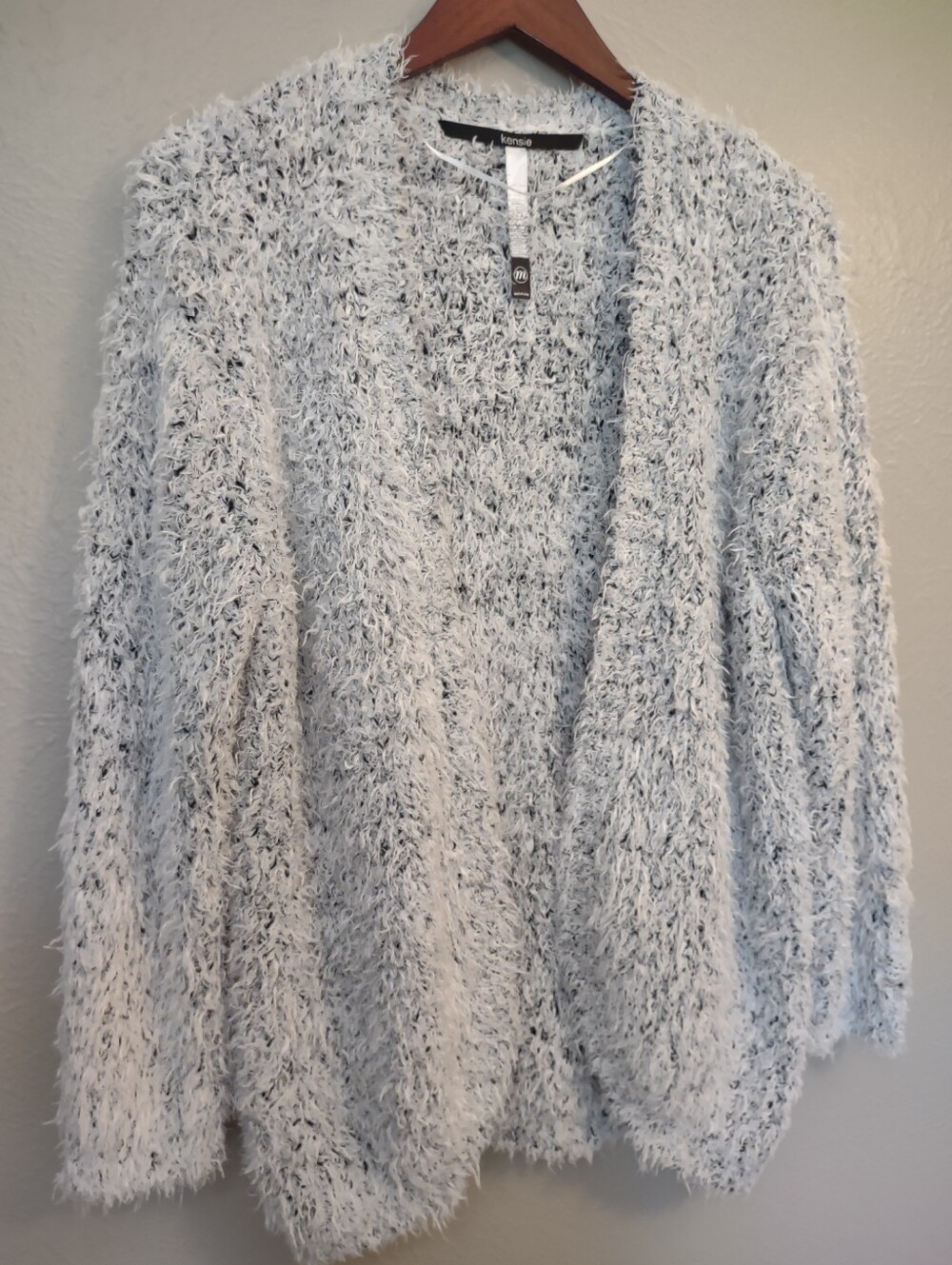 Kensie Open Front Fuzzy Eyelash Knit Cardigan Sweater Grey Black Women's Medium - Picture 4 of 14